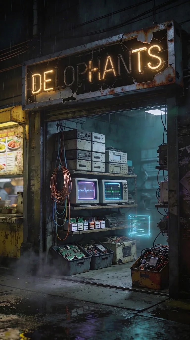 Cyberpunk recycled hardware shop at night in the rain